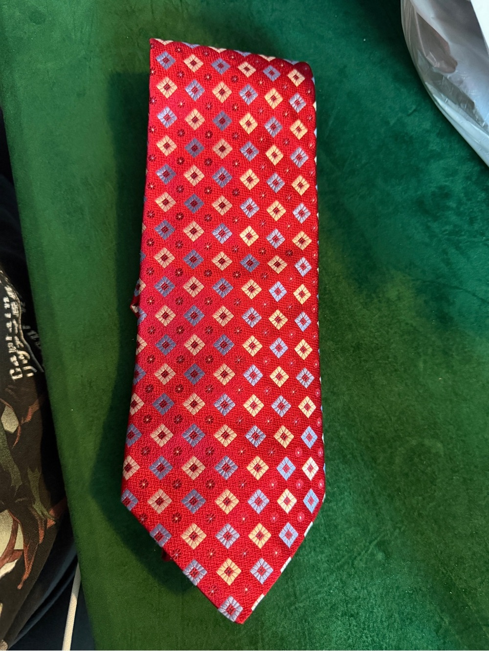 Daniel Cremieux Red Geometric Diamond Silk Tie with Blue and Cream Accents